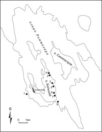 Расположение поселений Лижмозеро 1-8 на озере Лижмозеро