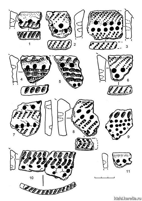 Рис.249. Гребенчато-ямочная (1–10) и ямочно-гребенчатая (11) керамика из поселения Вожмариха 4 (раскоп 2)