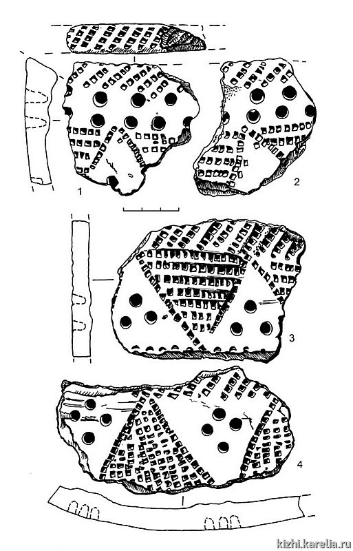 Рис.237. Гребенчато-ямочная керамика (1–4) из поселения Вожмариха 1