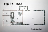 Pulga Farm. The rooms: 1 – drying-room: the only heated room used as the family living-room and for drying grain; 2 – threshing-floor: used for threshing grain in autumn, as well as for storing farming implements and in winter, stabling the horses; 3 – front chamber: the family work and bedroom…