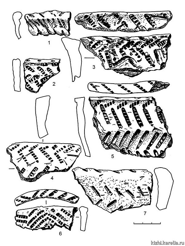 Рис.256. Асбестовая керамика из поселения Вожмариха 10 (1–7)