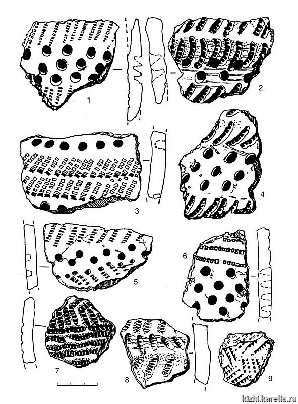 Рис.253. Гребенчато-ямочная керамика (1–9) из поселения Вожмариха 4 (раскоп 2)