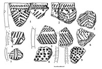 Рис.11. Поселение Пяльма 10: 1-7 – фрагменты керамики сперррингс; 8, 9 – фрагменты ямочно-гребенчатой керамики