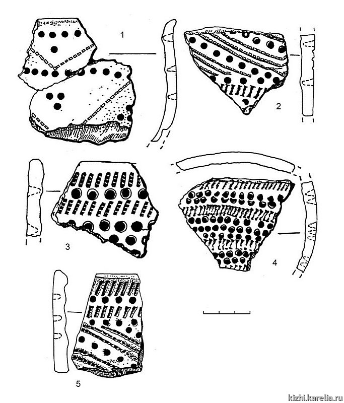 Рис.228. Ямочно-гребенчатая керамика (1–5) из поселения Вертилово 3