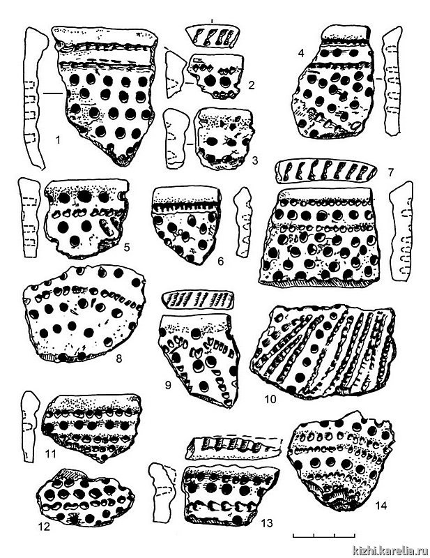 Рис.233. Ямочно-гребенчатая керамика (1–14) из поселения Вожмариха 1