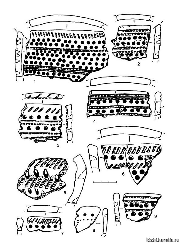 Рис.241. Ямочно-гребенчатая (1–4, 6–9) и гребенчато-ямочная керамика (5) из поселения Вожмариха 4 (раскоп 1)