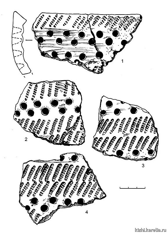Рис.235. Гребенчато-ямочная керамика (1–4) из поселения Вожмариха 1