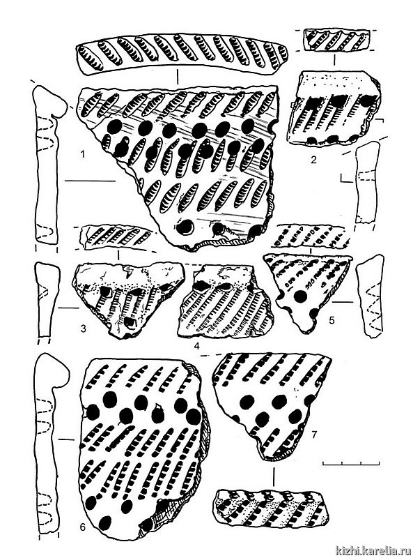 Рис.245. Гребенчато-ямочная керамика (1–7) из поселения Вожмариха 4 (раскоп 2)