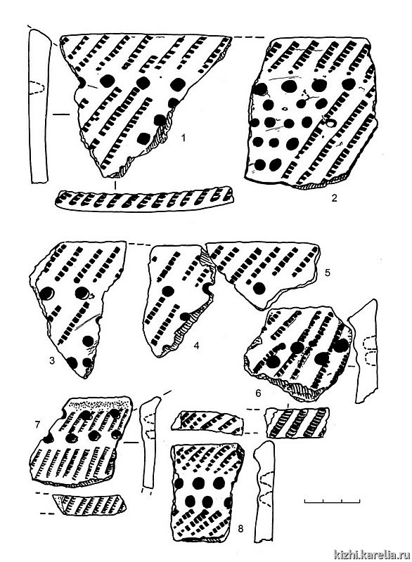 Рис.248. Гребенчато-ямочная керамика (1–8) из поселения Вожмариха 4 (раскоп 2)