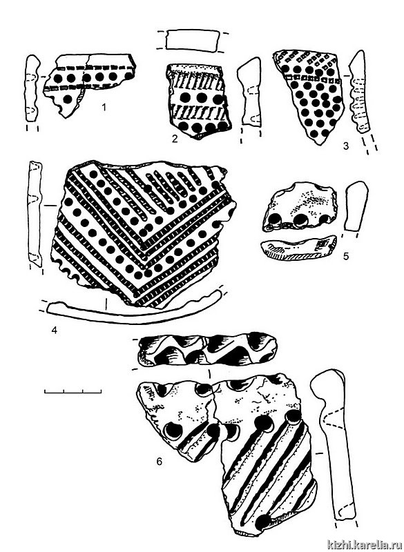 Рис.242. Ямочно-гребенчатая (1–4) и гребенчато-ямочная керамика (5–6) из поселения Вожмариха 4 (раскоп 1) (1–5) и Вожмариха 4 (раскоп 2) (6)