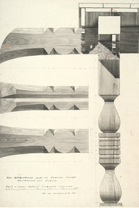 Столб и поток северной площадки крыльца Преображенской церкви (обмерный чертеж). Автор А. В. Ополовников.  1952 г. (КП-267/43)