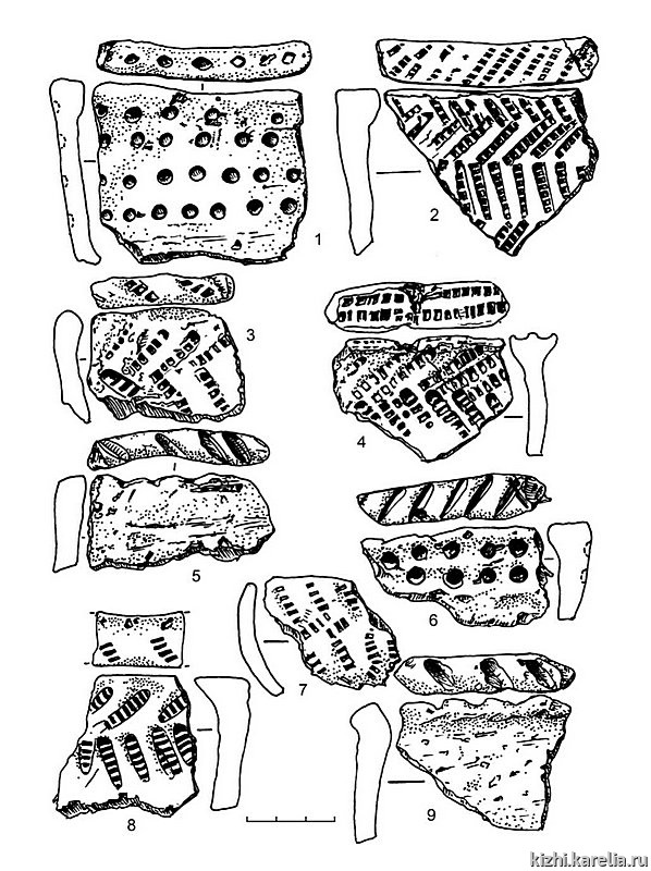 Рис.258. Асбестовая керамика из поселения Вожмариха 10 (1–9)
