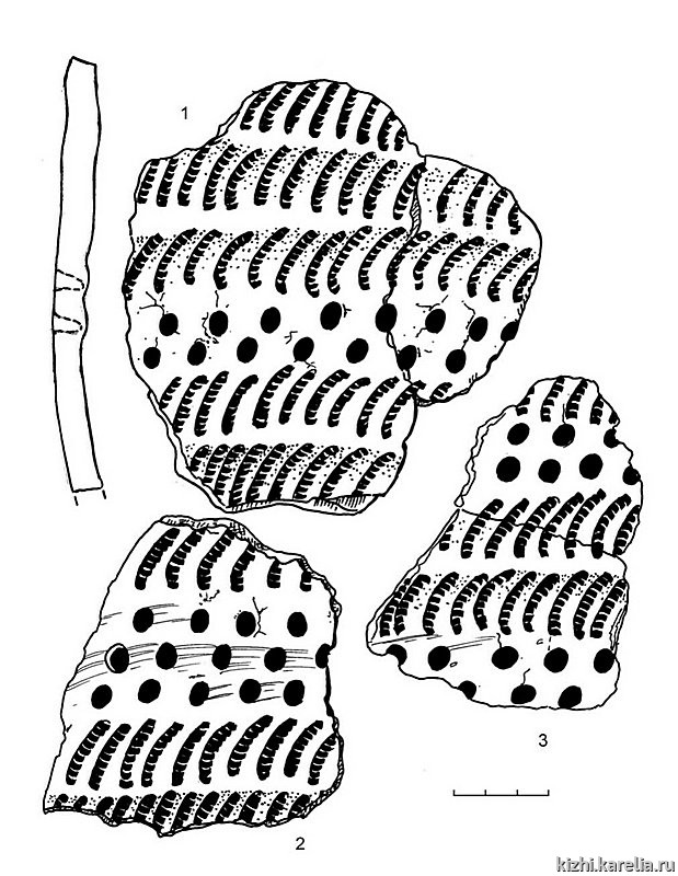 Рис.251. Гребенчато-ямочная керамика (1–3) из поселения Вожмариха 4 (раскоп 2)