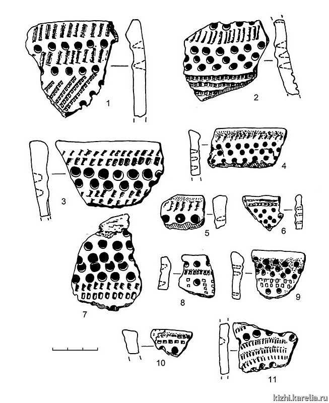 Рис.255. Ямочно-гребенчатая керамика из поселения Вожмариха 15 (1–11)