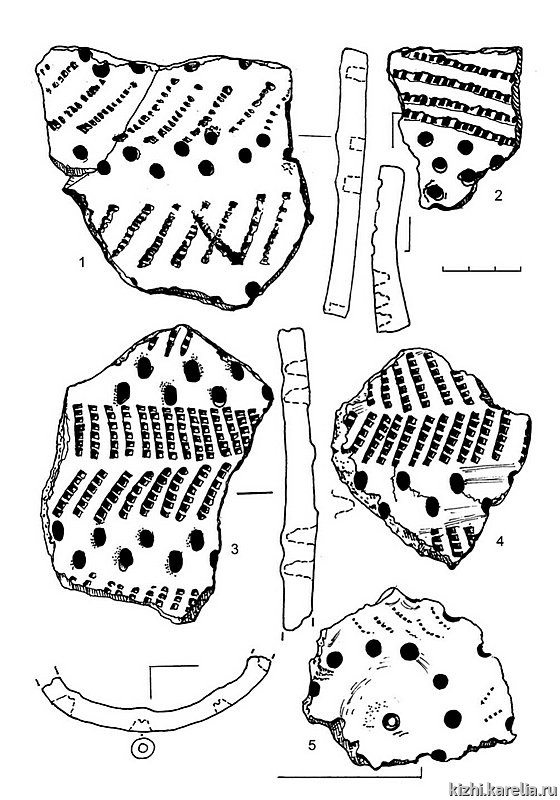 Рис.252. Гребенчато-ямочная керамика (1–5) из поселения Вожмариха 4 (раскоп 2)