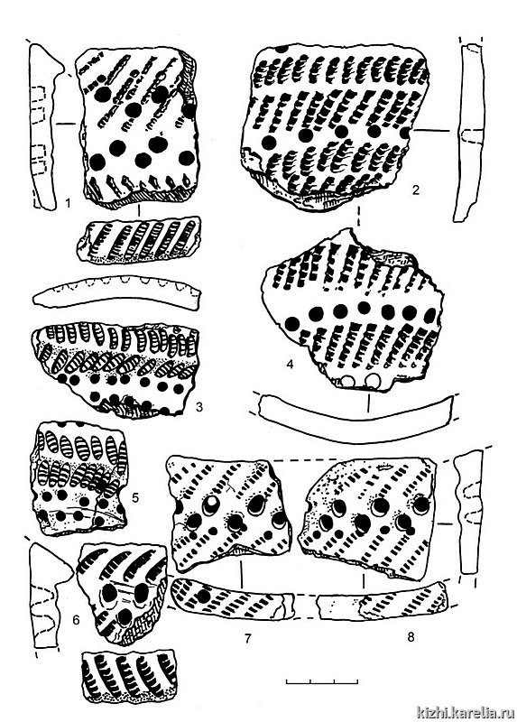 Рис.250. Гребенчато-ямочная керамика (1–8) из поселения Вожмариха 4 (раскоп 2)