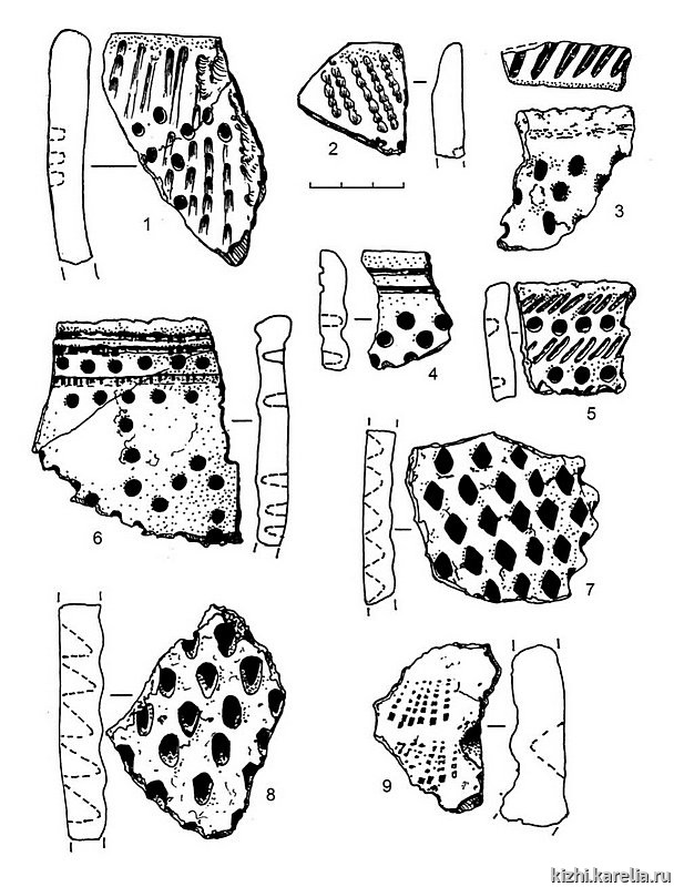 Рис.267. Керамика сперрингс (1–2), ямочно-гребенчатая (4–6), гребенчато-ямочная (3, 9) и ромбо-ямочная (7–8) из поселений Вожмариха 26 (1–2) и Вожмариха 27 (3–9)