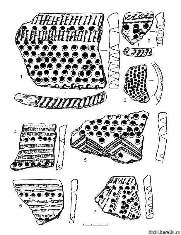 Рис.254. Ямочно-гребенчатая керамика из поселения Вожмариха 15 (1–7)