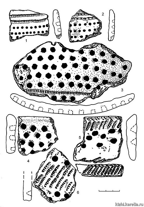 Рис.240. Ямочно-гребенчатая керамика из поселений Вожмариха 1 (3–6) и Вожмариха 2 (1–2)