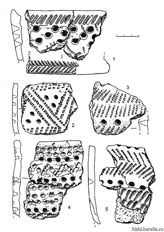 Рис.234. Гребенчато-ямочная керамика (1–5) из поселения Вожмариха 1