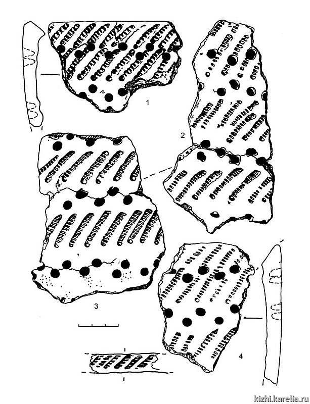 Рис.244. Гребенчато-ямочная керамика (1–4) из поселения Вожмариха 4 (раскоп 2)