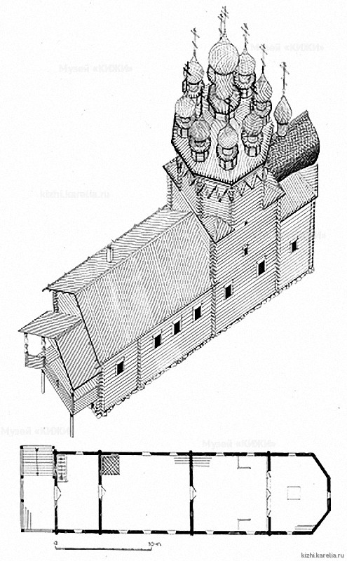 Покровская церковь на о.Кижи. План, аксонометрия. Реконструкция 1-го этапа строительства