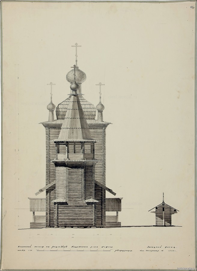 Чертёж реставрации. Ильинская церковь Водлозерского погоста. Западный фасад