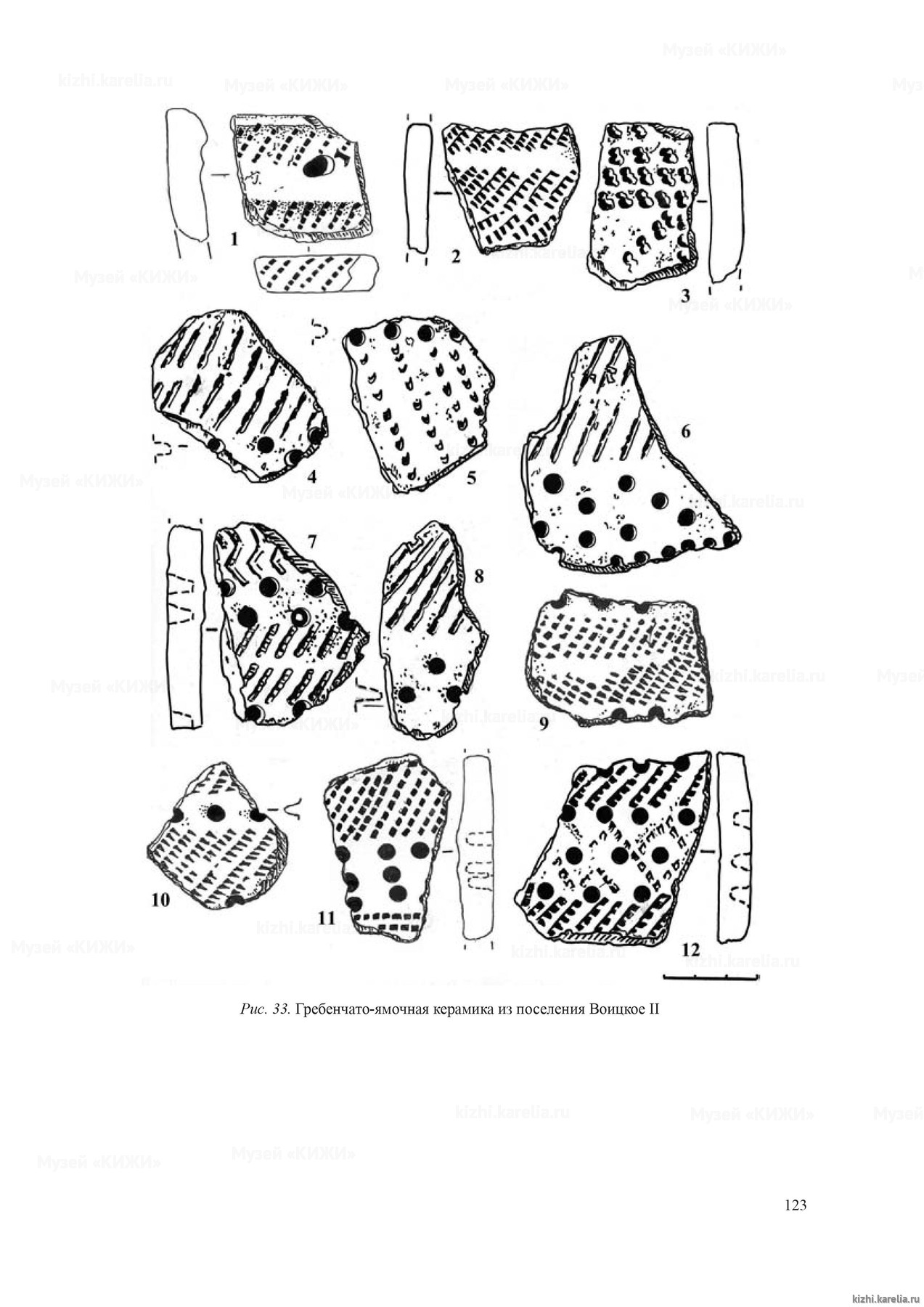 Рис. 33. Гребенчато-ямочная керамика из поселения Воицкое II