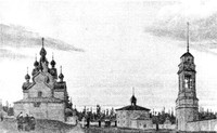 Фотография Троицкого монастыря до пожара 1902 года. Слева - церковь Троицы (сгорела в 1902 г.), в центре - церковь Захарии и Елисаветы, справа - колокольня