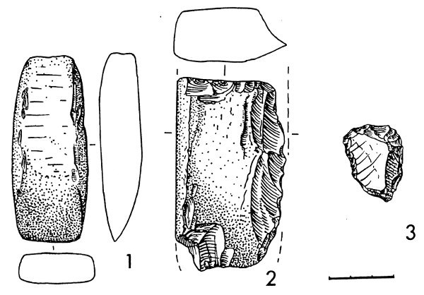 Рис.6. Каменный материал из поселений Вожмариха 3 (1, 2) и Вожмариха 15 (3)