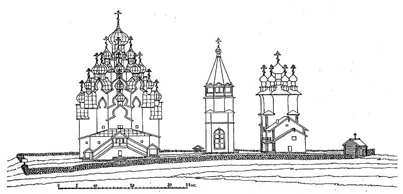 Рис.19. VI. Общий вид Кижского погоста с перестроенной в 1874 году новой колокольней и обшитой досками Покровской церковью в 1865 году.