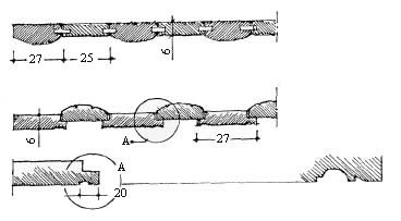 Илл.2: Пол. Тесины сплачиваются шпонками (сеч. 1×50 см) с шагом около 100 см. / Потолок. Профилировка кромок.