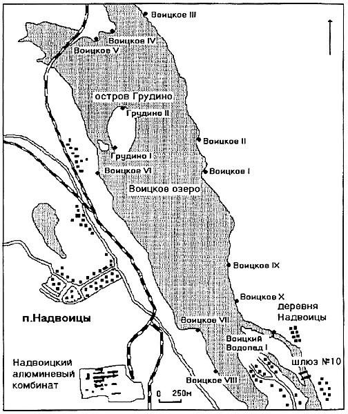 Рис.1. Схема расположения памятников археологии на озере Воицкое