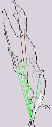Рис. 4. Визуальные линии, соединяющие Кижский погост и планируемые трансформаторные подстанции (зеленые – видимые части, красные – части, закрываемые рельефом).