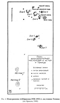 Рис.4. План раскопа А.Я.Брюсова 1930–1932 гг. на стоянке Томица (по: Брюсов, 1940)