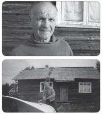 Рис. 10. Мастер В. И. Егоров. Шитьё лодки на улице в д. Ведлозеро (фото 2005 г. из архива автора)