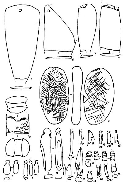 Рис.2. Инвентарь. 1-4 — ножи; 5 — фрагмент изделия с орнаментом; 6 — орнаментированное изделие; 7-9, 12-15, 19 — подвески; 10 — игла; 11 — рыболовный крючок; 16, 17, 21, 22 — фрагменты изделий со шлифовкой; 18, 20 — фрагменты с надпилами. 1-2 — Чёрная губа XI; 3-4 — Чёрная губа II; 5 — Пиндуши XIVа; 6 — Суна XIV; 7 — Суна XIII; 8 — Палайгуба VI; 9 — Оронаволок IX, р.III; 10-19 — Оровнаволок XV; 21-22 — Оровнаволок IX, р.1. 1-9 — сланец; 10-22 — кость.