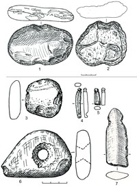 Рис. 8. Рыболовные грузила (1–3, 6, 7) и фрагменты составных рыболовных крючков (4, 5) из камня