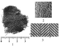 Рис. 1. Ткань саржевая в «елочку», Кургино: 1 - общий вид, 2 - микрофотография ткани, 3 - схема переплетения