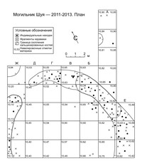 Рис. 1. Могильник Шуя – 2011–2013. План раскопа на уровне материка. Планиграфическое распределение основных категорий находок