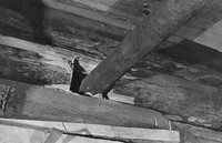 The installation of metal structures was performed with serious drawbacks: numerous cuts were made in logs, unnecessary through holes were made for fixing metal brackets; the log elements hindering the metal frame installation were removed..., 1982-1984.