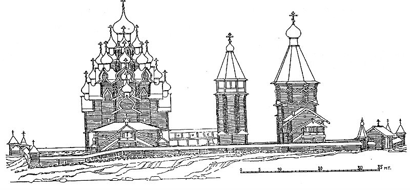 Рис.15. II. Общий вид Кижского погоста в 1720-1749 годах с реконструкцией Покровской церкви в 1720 году.