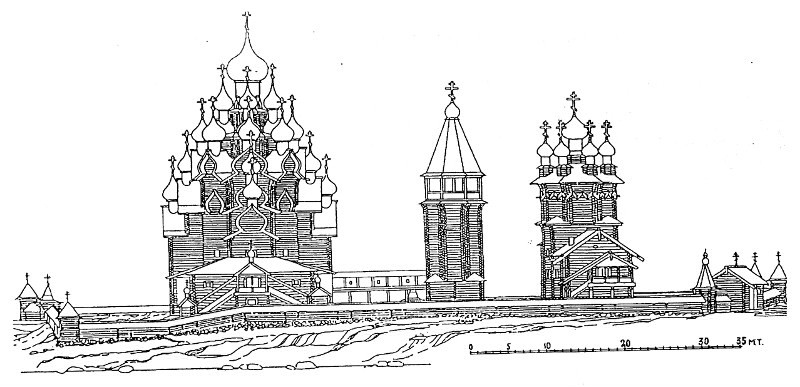 Рис.16. III. Общий вид Кижского погоста в 1749 году с реконструкцией Покровской церкви в 1749 году.