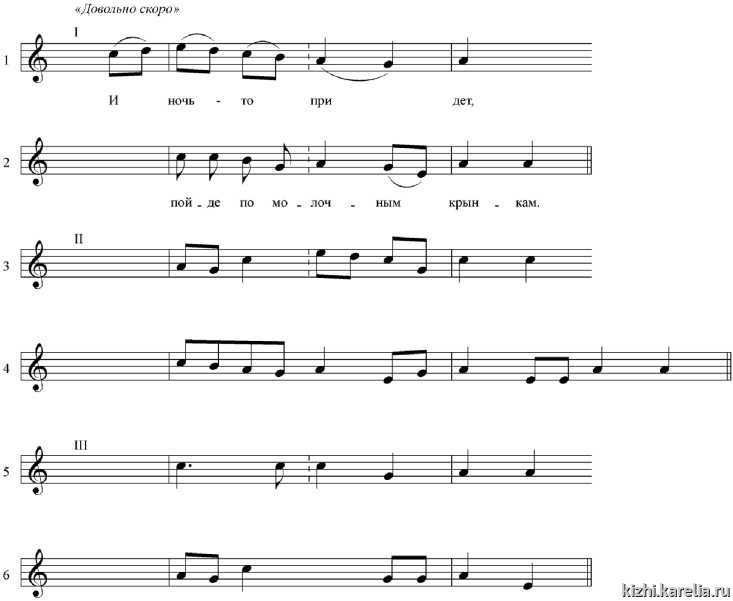 Рис. 2. Сопоставление нотации из записной книжки («Песня») с образцом опубликованного в 1880 г. напева скоморошины «Птицы», записанного от В. П. Щеголёнка