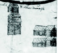 Рис. 2. Фрагмент изображения деревни Стретилово на плане Тихвинского посада 1678 г.: слева - четыре рубленых амбара, справа – два гумна с овинами (по М.И. Мильчику, Ю.С.</p><p> Ушакову)