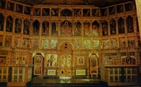 The gilded carved iconostasis is preserved in the Kizhi Church of the Transfiguration but now it is dismantled and its parts are stored in the storage facilities of the Kizhi museum.
