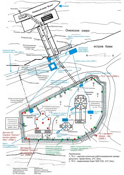 Рис.44. Ситуационный план технических средств защиты памятников Кижского погоста. Схема технических средств ОПС (охранно-пожарной сигнализации), электрообеспечения, теленаблюдения и пожаротушения на конец 2007 года.