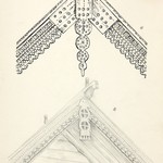 Л. 12. а) Дом Федотова, д. Пелдожи. Фрагмент причелины с полотенцем. б) Дом Лупова, д. Юркостров. Фрагмент кровли с резными причелинами и полотенцем. Конец 1940-х гг.