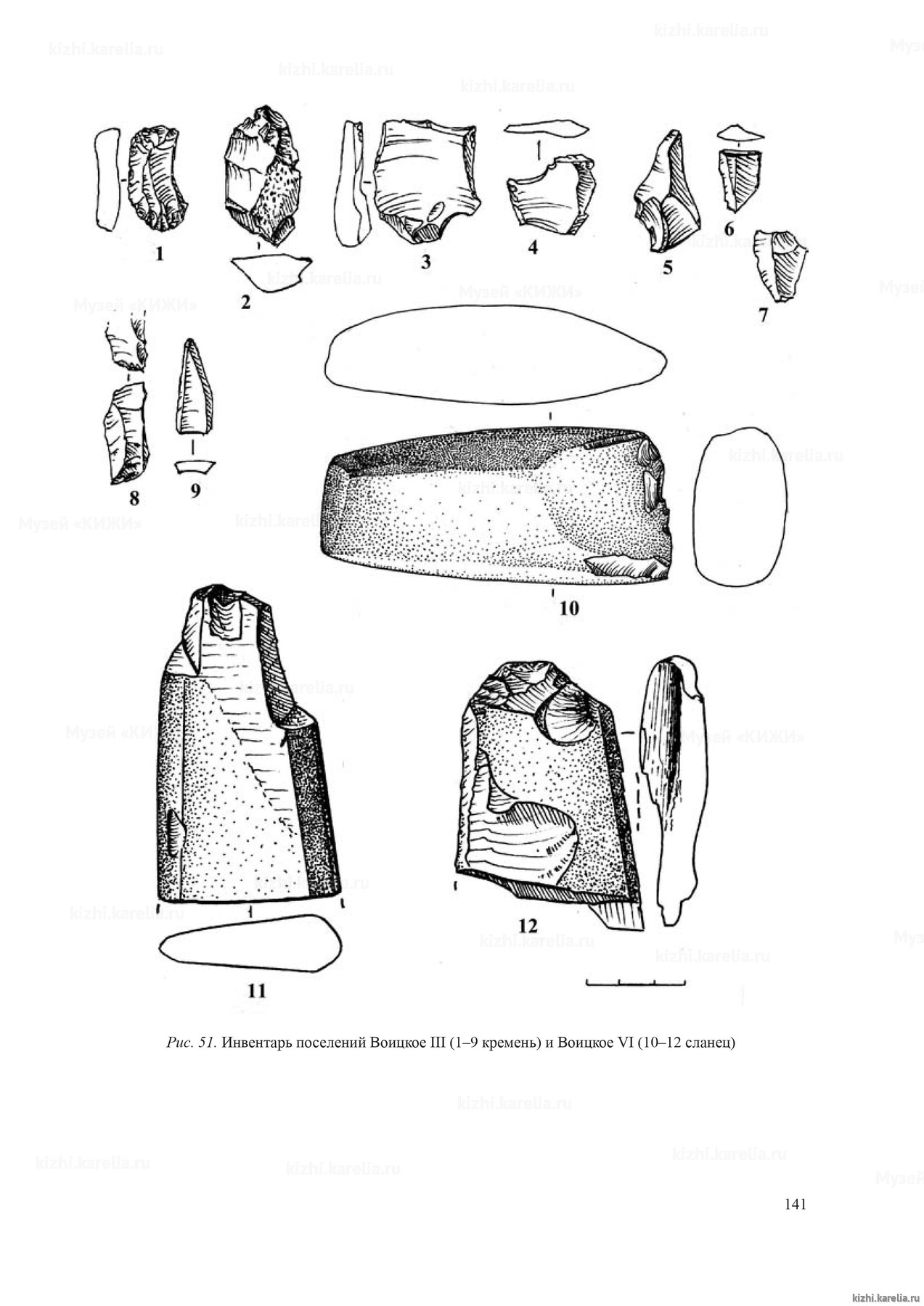 Рис. 51. Инвентарь поселений Воицкое III (1–9 кремень) и Воицкое VI (10–12 сланец)