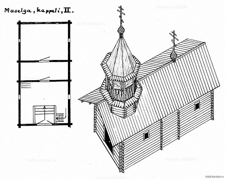 Часовня в д.Масельга. План, аксонометрия. Реконструкция 2-го этапа строительства.